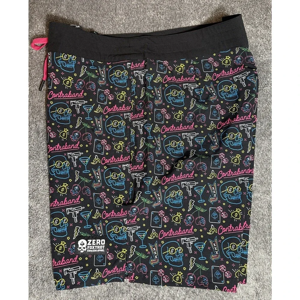 Zero Foxtrot Contraband Ripstop Board Shorts 7” Mens L Unlined Skulls Neon 2024